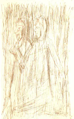 Rabindranath Tagore (Artist), Two Standing Figures, 1937, Drawing