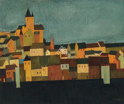 Raza, S.H. (Artist). Carcassonne. Mixed media on panel, 1951 | Painting | FineArts | 00756298