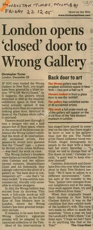 Christopher Turner (Reporter), London Opens 'Closed' door to Wrong Gallery, 2005, Newspaper Clipping