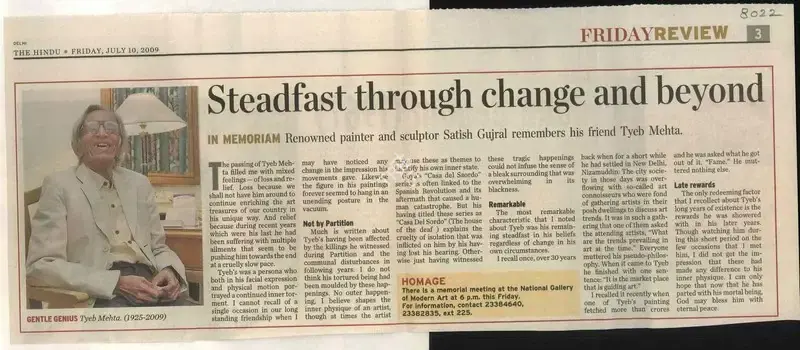 Satish Gujral (Writer), Steadfast Through Change and Beyond, 2009, Newspaper Clipping