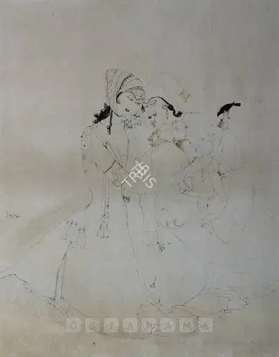 M.A.R. Chughtai (Artist), Two Women And A Child, Drawing