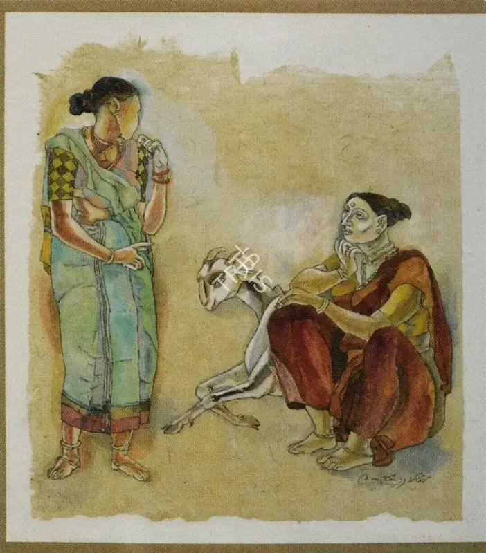 K. Laxma Goud (Artist), Two Women with a Goat, 1982, Painting
