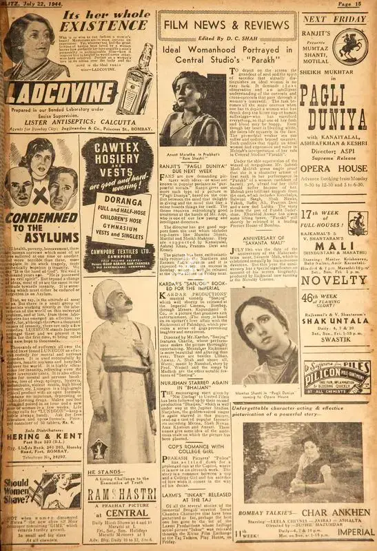 D.C. Shah (Editor), Ideal Womanhood Portrayed in Central Studio's "Parakh", 1944, Film Review