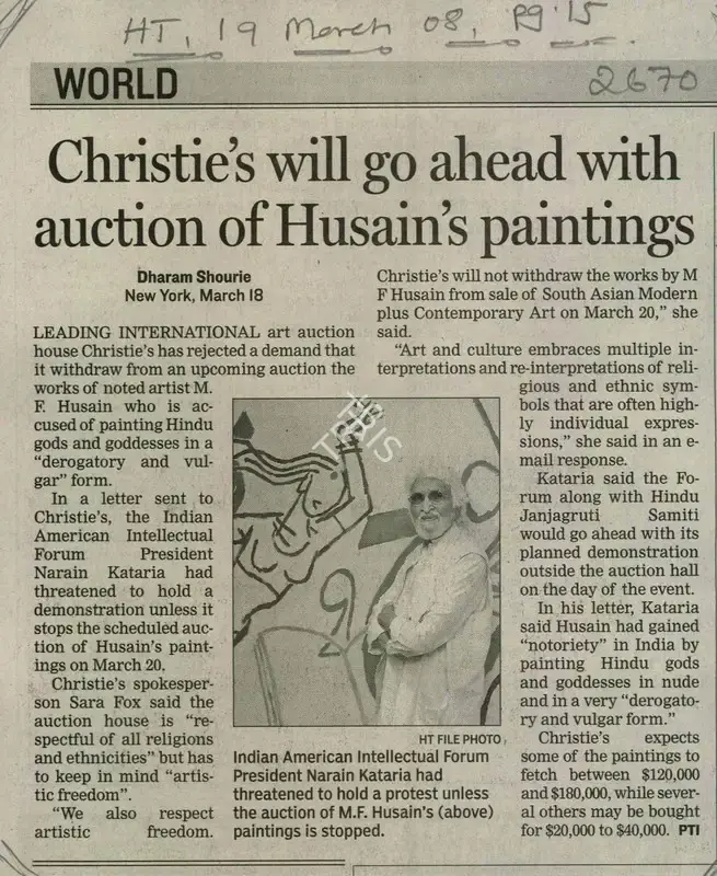 Dharam Shourie (Writer), Christie's Will go Ahead With Auction of Husain's Paintings, 2008, Newspaper Clipping