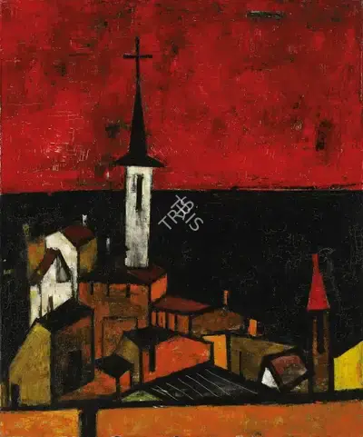 S.H. Raza (Artist), Untitled (Church in Landscape), 1951, Painting