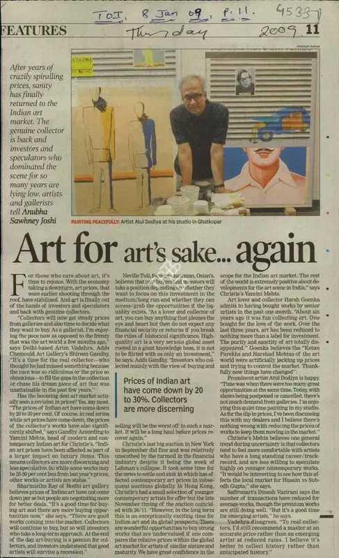 Anubha Sawhney Joshi (Reporter), Art for Art's sake...Again, 2009, Newspaper Clipping