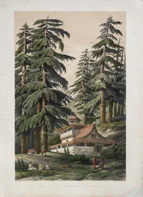 T. Picken (Lithographer), Simla, Old Temple (Hindu) above the Waterfalls - Sunset, 1852, Lithograph