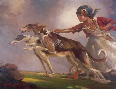 V.A. Mali (Artist), Girl & Hounds, 1935, Painting