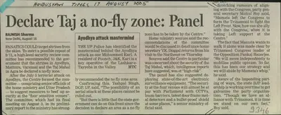 Rajnish Sharma (Reporter), Declare Taj a no-fly zone: panel, 2005, Newspaper Clipping