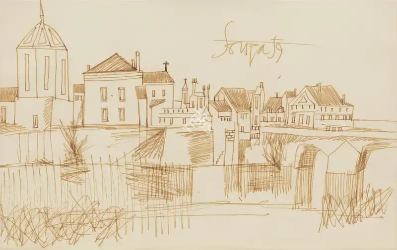F.N. Souza (Artist), Untitled (Townscape), 1959, Drawing