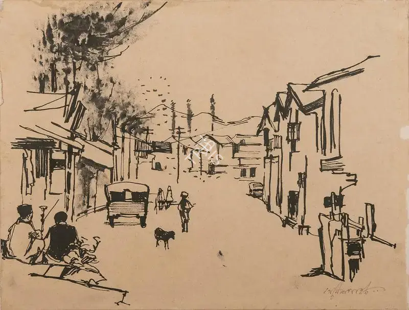 Ganesh Pyne (Artist), Kashmir Street, 1961, Drawing