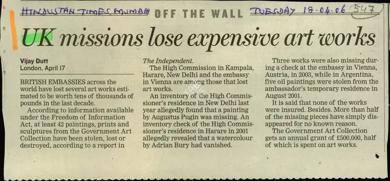 Vijay Dutt (Reporter), UK Missions Lose Expensive Art Works, 2006, Newspaper Clipping