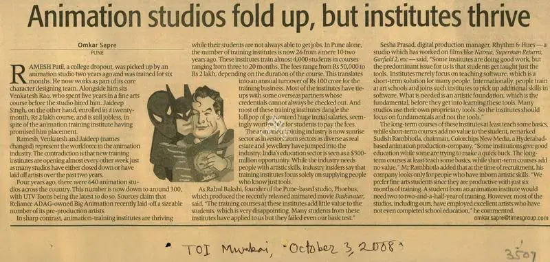 Omkar Sapre (Reporter), Animation Studios Fold up, but Institutes Thrive, 2008, Newspaper Clipping