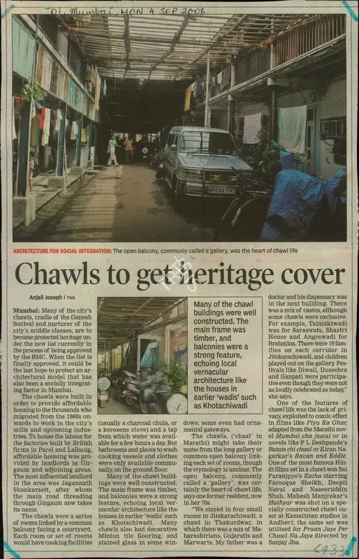 Anjali Joseph (Reporter), Chawls to get Heritage cover, 2006, Newspaper Clipping