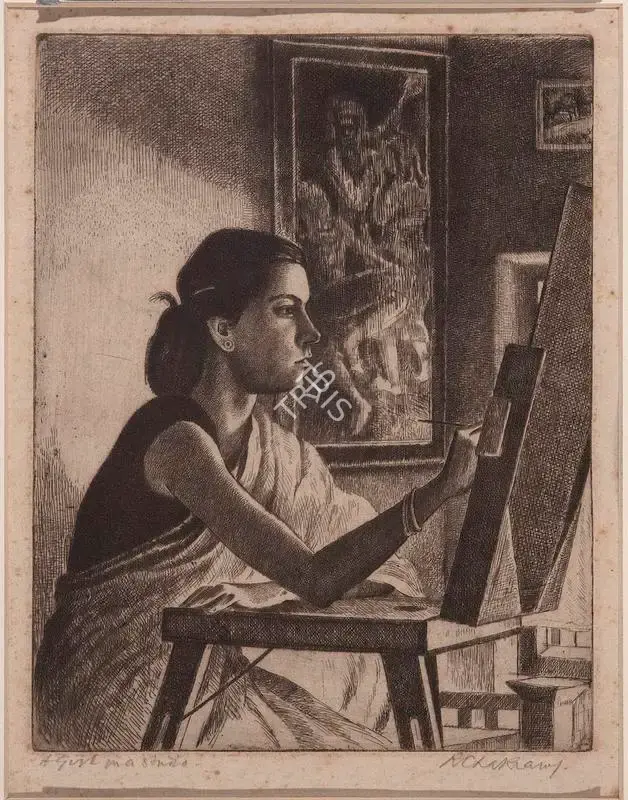 Chakravorty, Ramendranath (Artist). A Girl in a Studio, n.d. | Graphic Art, Pr.Onl/08.03.18, 2018 · Prinseps