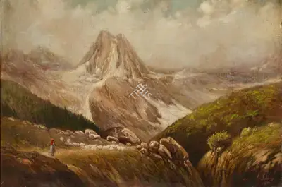 Ustad Allah Bukhsh (Artist), Landscape with Shepherd and Flock, 1952, Painting