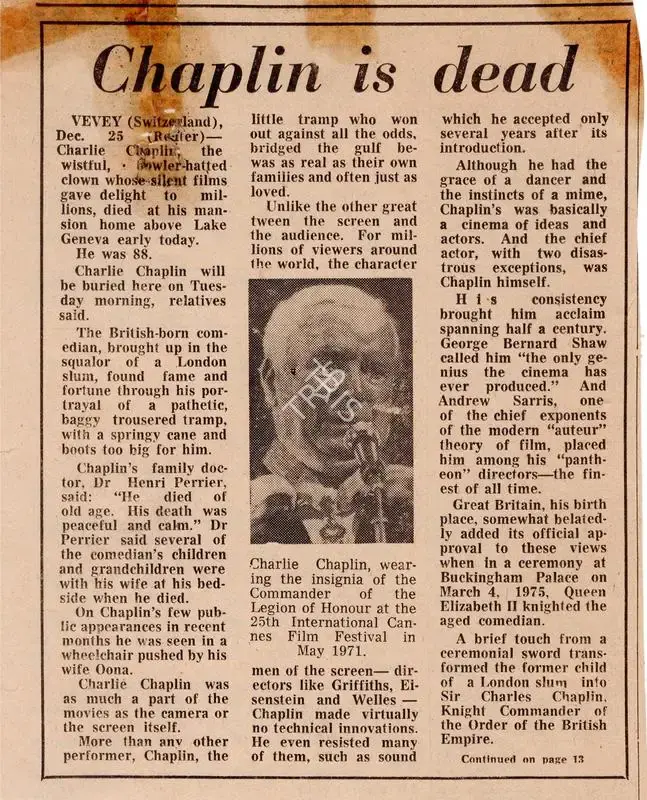 Unknown (Publisher), News of Chaplin's Death, 1977, Newspaper Clipping