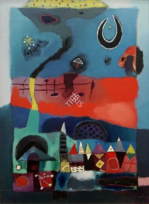 Kazi Ghiyasuddin (Artist), Village and the Moon, 1980, Painting