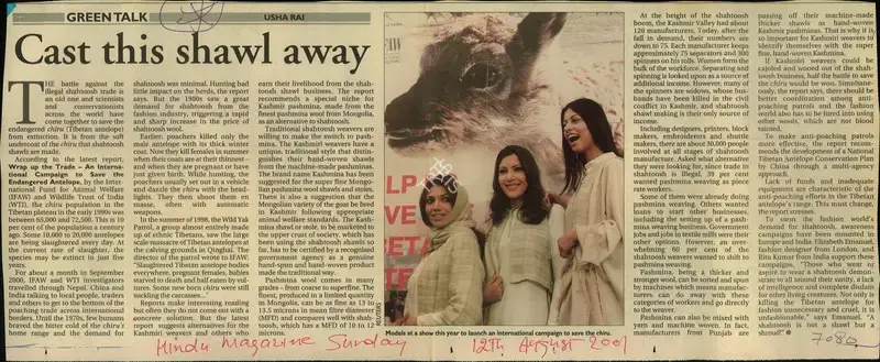Usha Rai (Reporter), Cast this Shawl away, 2001, Newspaper Clipping