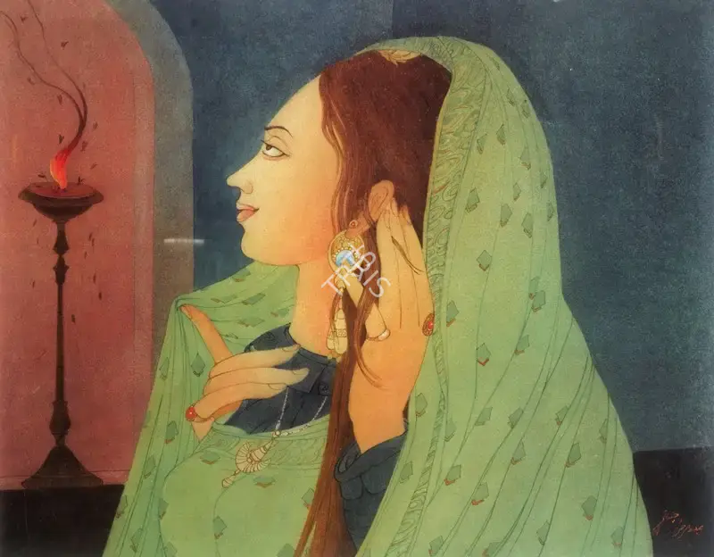 Chughtai, M.A.R. (Artist). Maiden Contemplating Moths At A Flame, n.d. | Painting, Bon.Dub/03.03.08, 2008 · Bonhams