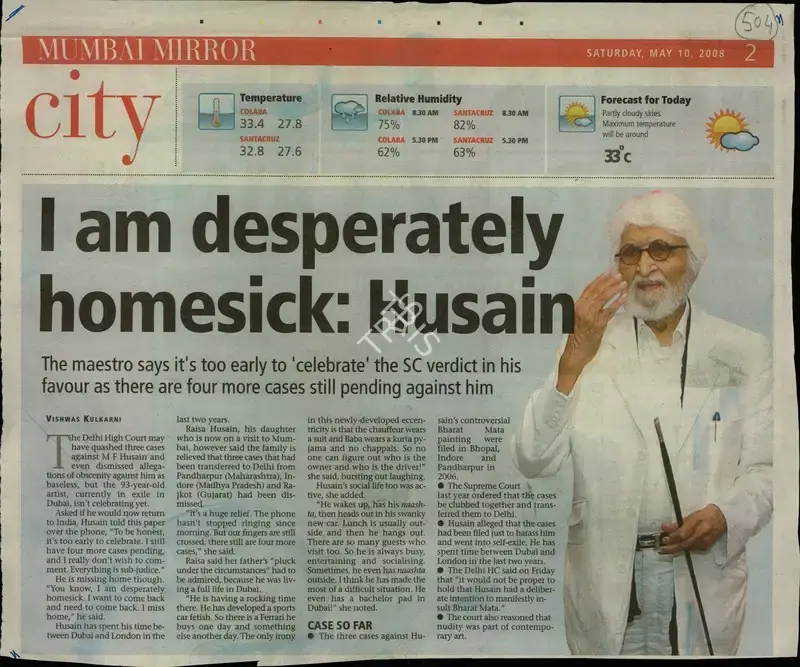 Vishwas Kulkarni (Reporter), I am Desperately Homesick: Husain, 2008, Newspaper Clipping