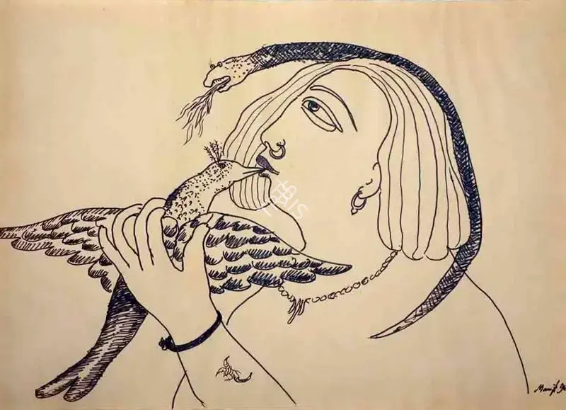 Manjit Bawa (Artist), Figure and Bird, 1990, Drawing