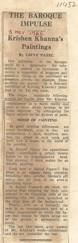 Gieve Patel (Writer), The Barque Impulse, 1966, Newspaper clipping