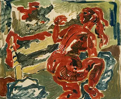 M.F. Husain (Artist), Red Nude, 1950, Painting