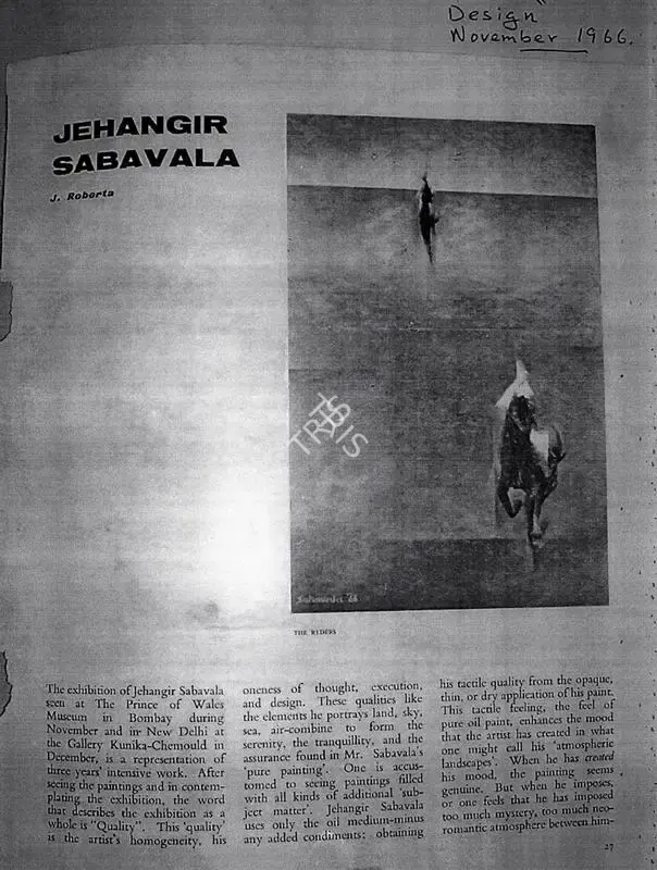 J Roberta (Writer), Jehangir Sabavala, 1966, Newspaper Clipping