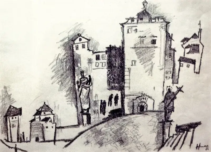 M. F. Husain (Artist), Prague-Castle, 1956, Drawing