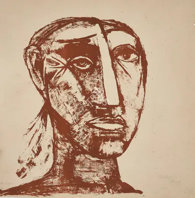 Tyeb Mehta (Artist), Head, 1957, Graphic Art