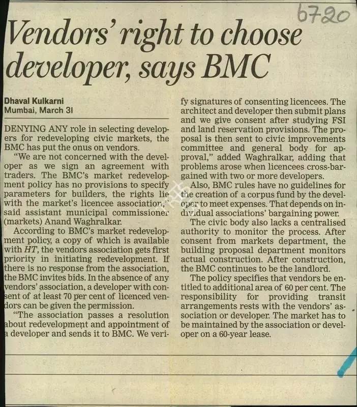 Dhaval Kulkarni (Reporter), Vendors' Right to Choose Developer, says BMC, Newspaper Clipping