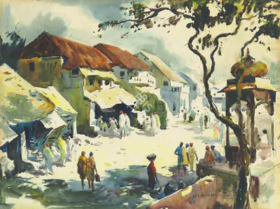 S.H. Raza (Artist), Street Scene Nagpur, 1945, Painting