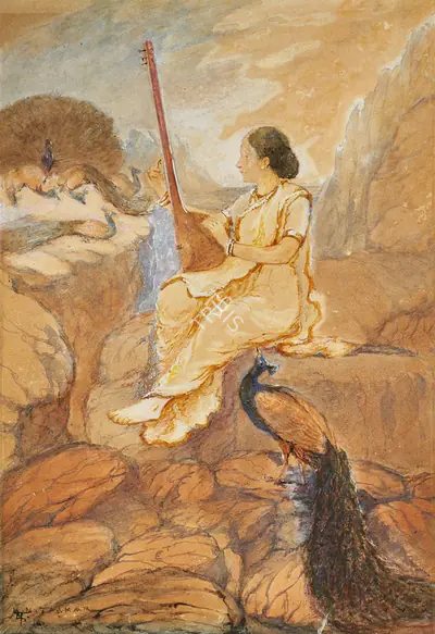 L.N. Taskar (Artist), Woman with Tanpura, Painting