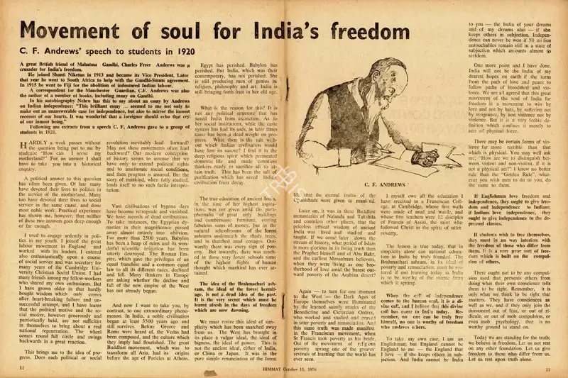 C.F. Andrews (Essayist), Movement of Soul for India's Freedom, 1976, Essay