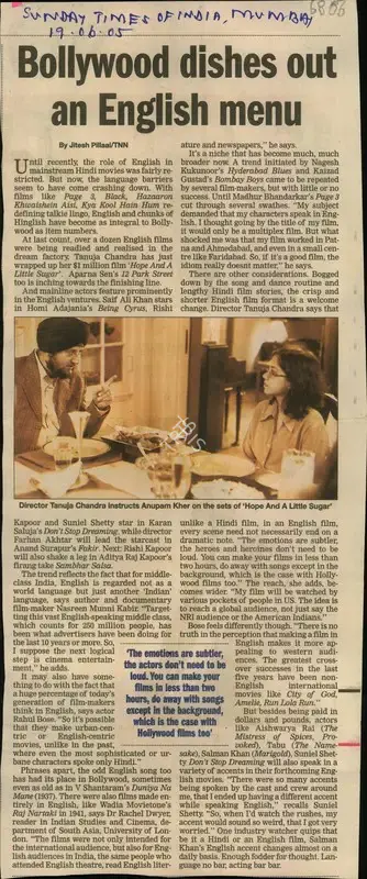 Jitesh Pillai (Reporter), Bollywood Dishes out an English Menu, 2005, Newspaper Clipping
