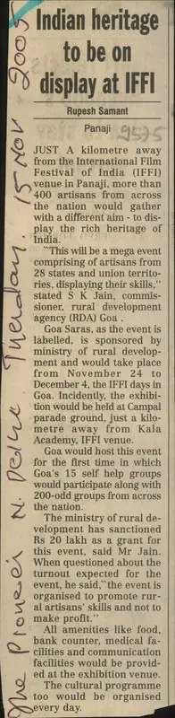 Rupesh Samant (Reporter), Indian Heritage to be on Display at IFFI, 2005, Newspaper Clipping