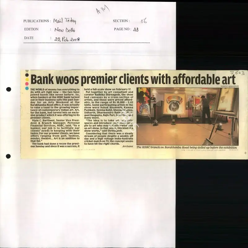 Archana Khare (Reporter), Bank Woos Premier Clients with Affordable Art, 2008, Newspaper Clipping