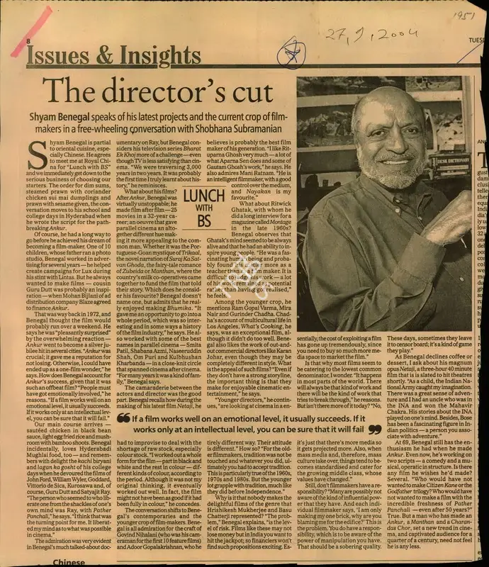 Shobhana Subramanian (Reporter), The director's cut, 2004, Newspaper Clipping