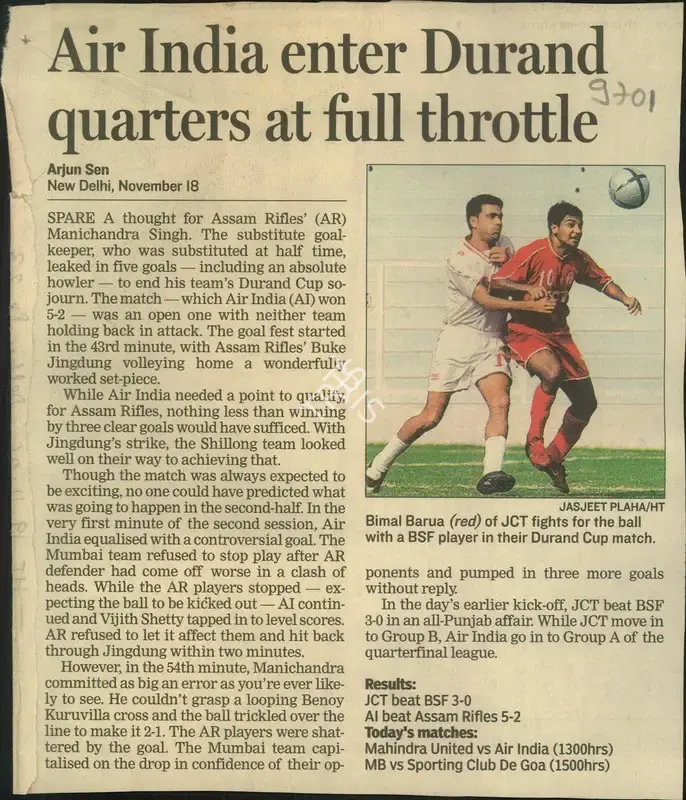 Arjun Sen (Writer), Air India Enter Durand Quarters At FullThrottle, 2006, Newspaper Clipping