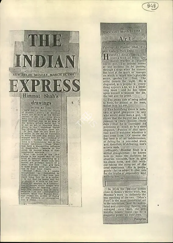 Himmat Shah's Drawings, 1964, Newspaper Clipping