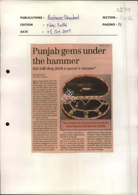 Kishore Singh (Reporter), Punjab Gems Under the Hammer, 2009, Newspaper Clipping