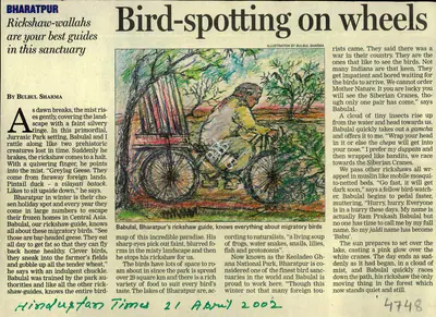 Bulbul Sharma (Reporter), Bird-spotting on wheels, 2002, Newspaper Clipping
