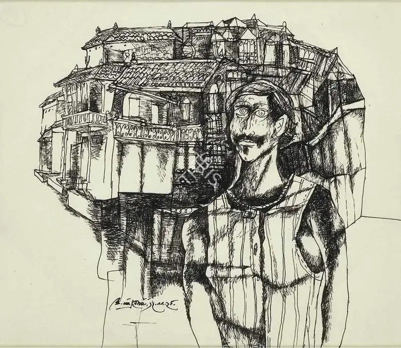K. Laxma Goud (Artist), Man in cityscape, 1979, Painting