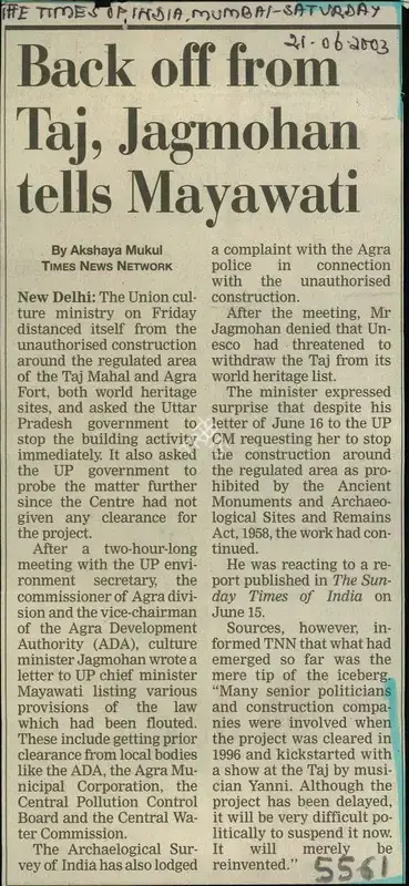 Akshaya Mukul (Reporter), Back off from Taj, Jagmohan tells Mayawati, 2003, Newspaper Clipping