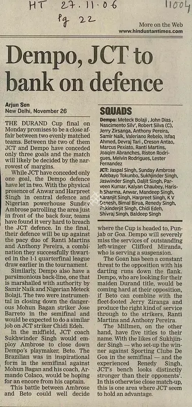 Arjun Sen (Reporter), Dempo, Jct to Bank on Defence, 2006, Newspaper Clipping