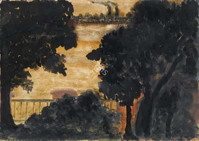 Rabindranath Tagore (Artist), Untitled ( Landscape ), 1934, Drawing