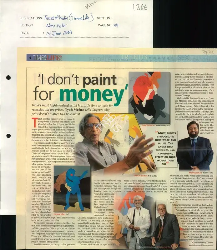 Gayatri Jayaraman (Reporter), I Don't Paint for Money, 2009, Newspaper Clipping