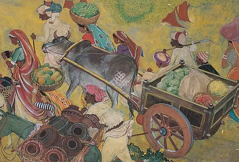 Somalal Shah (Artist), Villagers Going to Market, 1951, Painting