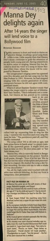 Devayani Shahane (Reporter), Manna Dey Delights Again, 2005, Newspaper Clipping